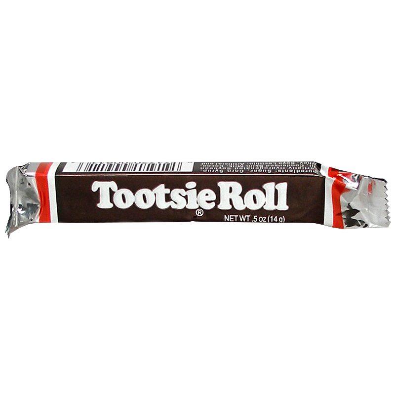 Front of Tootsie Roll wrapper showing logo and chocolate flavour label, 14g pack size.