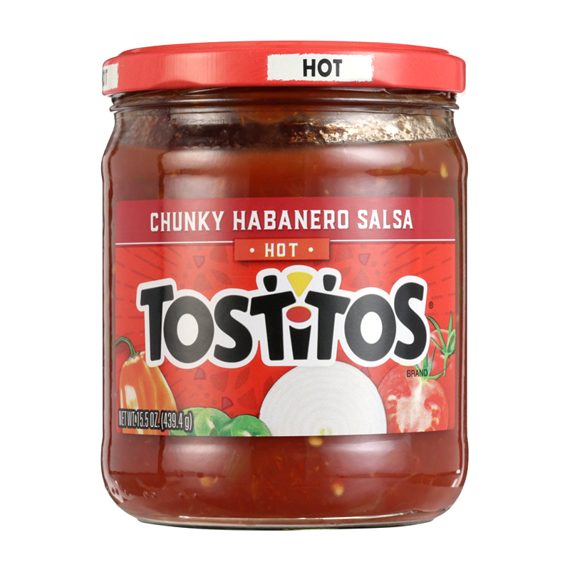Front of Tostitos Hot Chunky Habanero Salsa jar showing the red label with logo, chunky salsa visuals, and 439.4g size