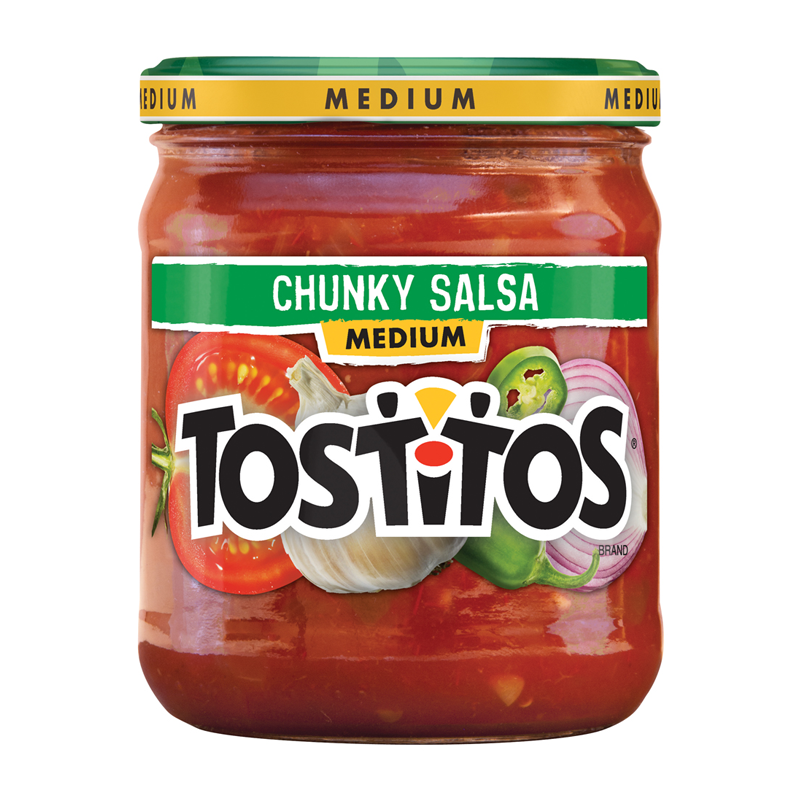 Front of Tostitos Medium Chunky Salsa jar showing the logo, medium chunky salsa label, and fresh ingredients like tomatoes and peppers (439.4g pack)