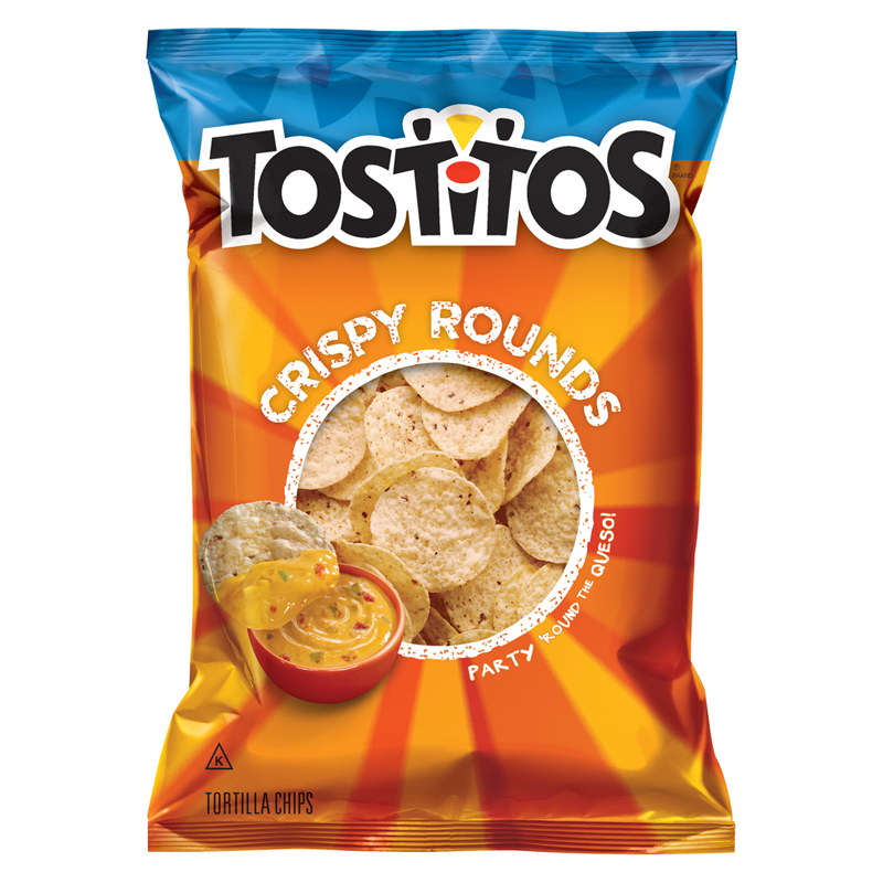 Front of Tostitos Tortilla Chip Crispy Rounds bag showing logo, crispy round tortilla chips, and pack size (283g)