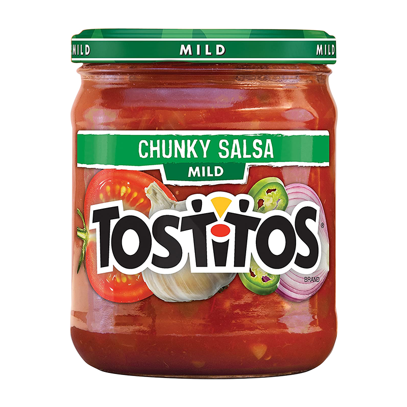 Front of Tostitos Mild Chunky Salsa jar showcasing the bold Tostitos logo, green chunky salsa label, and colourful vegetable imagery (439.4g)