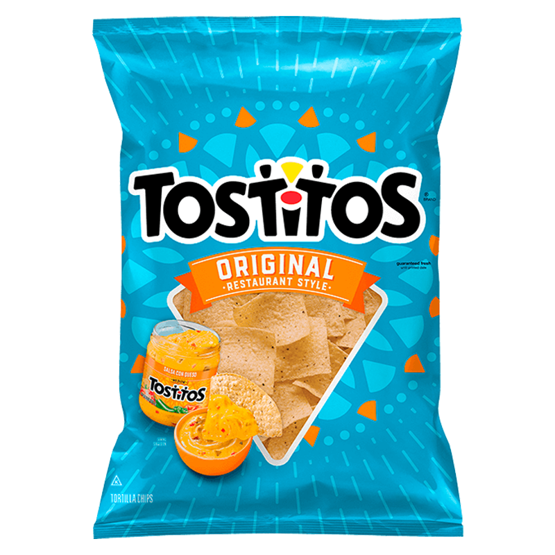 Front of Tostitos Original Tortilla Chips bag displaying blue logo, restaurant-style tortilla chips, and 283.5g pack size.