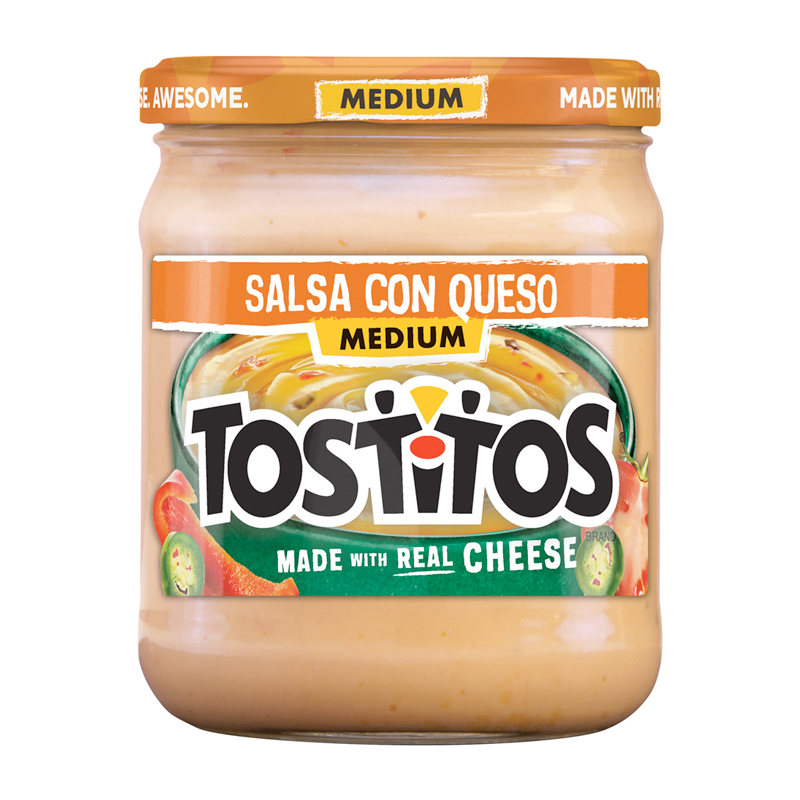 Front of Tostitos Salsa Con Queso Dip jar featuring medium salsa con queso label, cheese visuals, and real cheese claim (424g pack)