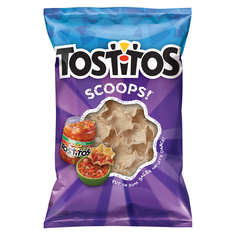 Front of Tostitos Tortilla Chip Scoops bag featuring a vibrant design with logo, scoop-shaped chips and serving suggestions (283.5g pack)
