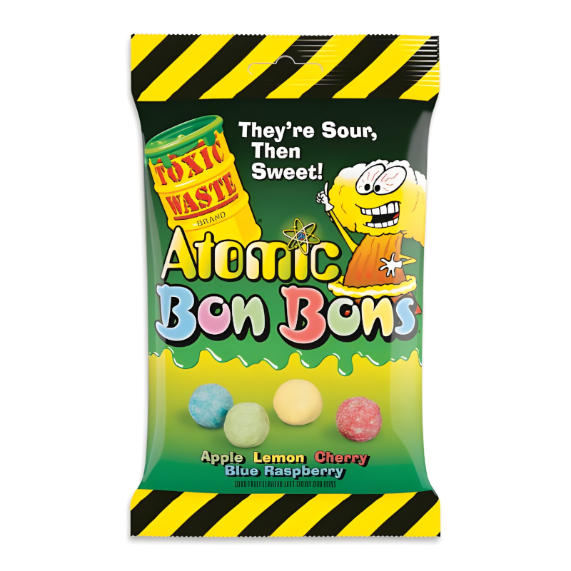 Front of Toxic Waste Atomic Bon Bons Sour Candy bag featuring colourful bon bons and vibrant label with flavour cues. (150g pack)