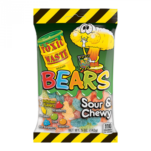 Front of Toxic Waste Sour Gummy Bears bag showing the logo, colourful gummy bears, and text indicating 5 delicious flavours (142g pack)
