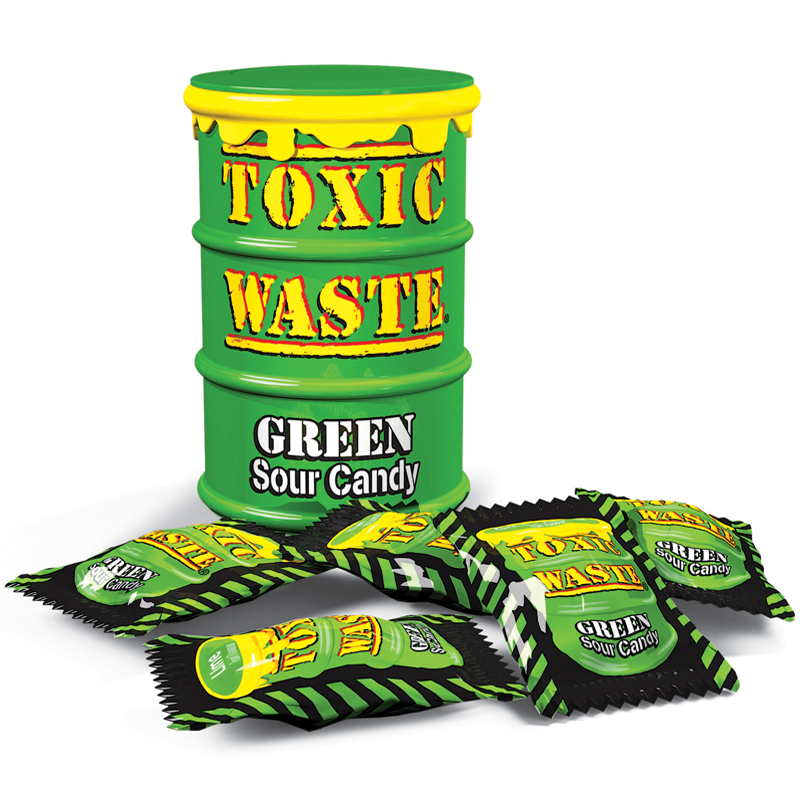 Front of Toxic Waste Green Drum Extreme Sour Candy packaging displaying the vibrant green drum with the logo and label details (42g pack)