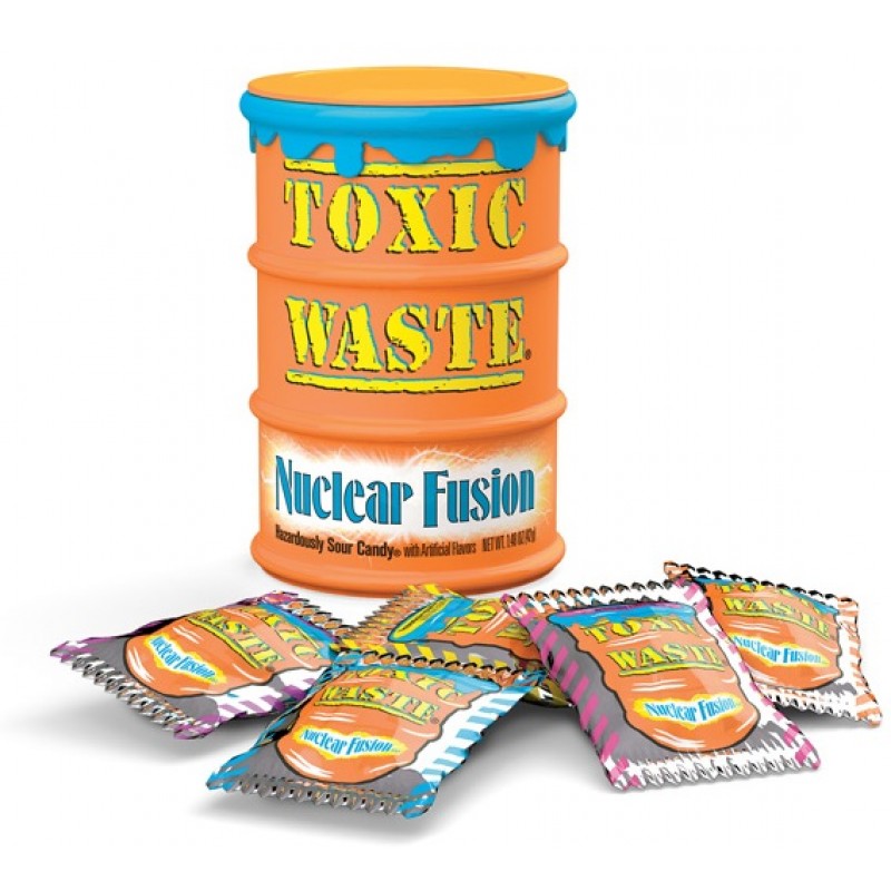 Front of Toxic Waste Nuclear Fusion Drum showing vibrant orange drum with bold yellow text, featuring extreme sour candy in assorted flavours (42g).
