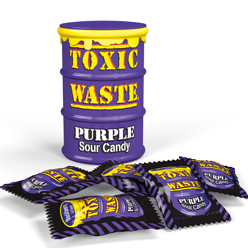 Front of Toxic Waste Purple Drum Extreme Sour Candy showing vibrant purple drum with bold lettering and individual candy wrappers (42g pack)