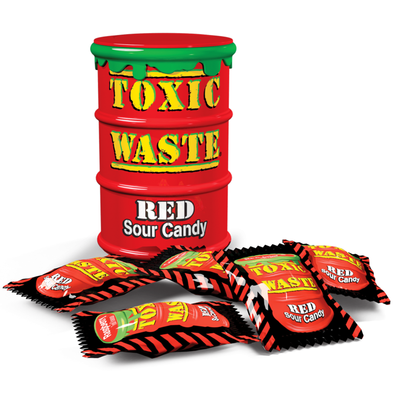 Front of Toxic Waste Red Drum showing logo, red drum packaging, and individually wrapped sour candy pieces (42g)