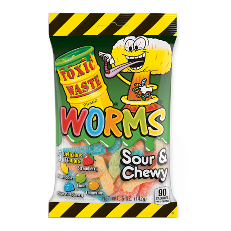 Front of Toxic Waste Sour Gummy Worms bag showing the brand logo, sour & chewy label, and colourful gummy worms (142g pack)