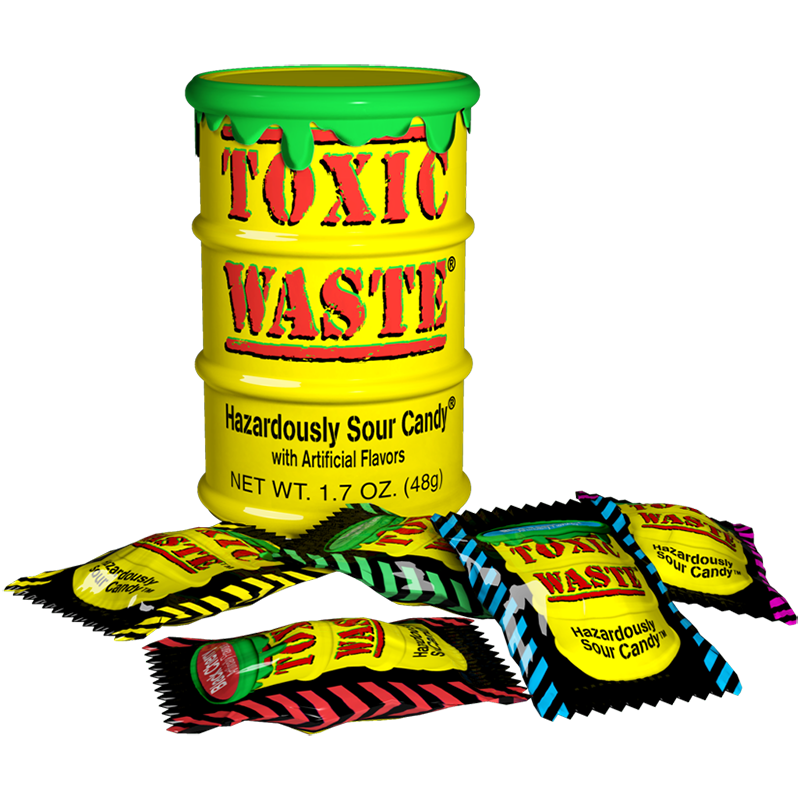 Front of Toxic Waste Yellow Drum Extreme Sour Candy pack showing bright yellow drum with red text and hazard warning, 42g pack