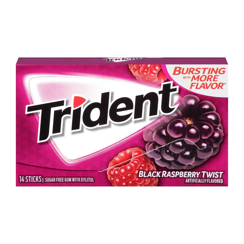 Front of Trident Gum Black Raspberry Twist pack showing bold logo, vibrant raspberry design, and 14 pieces of sugar-free gum in a stylish wrapper.