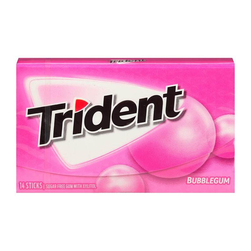 Front of Trident Gum Bubblegum pack showing bold logo and bubblegum flavour with 14 sticks listed on the label