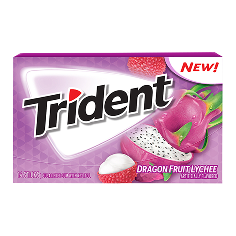 Front of Trident Gum Dragonfruit Lychee pack showing logo, illustrated dragonfruit and lychee, and 14 pieces label.