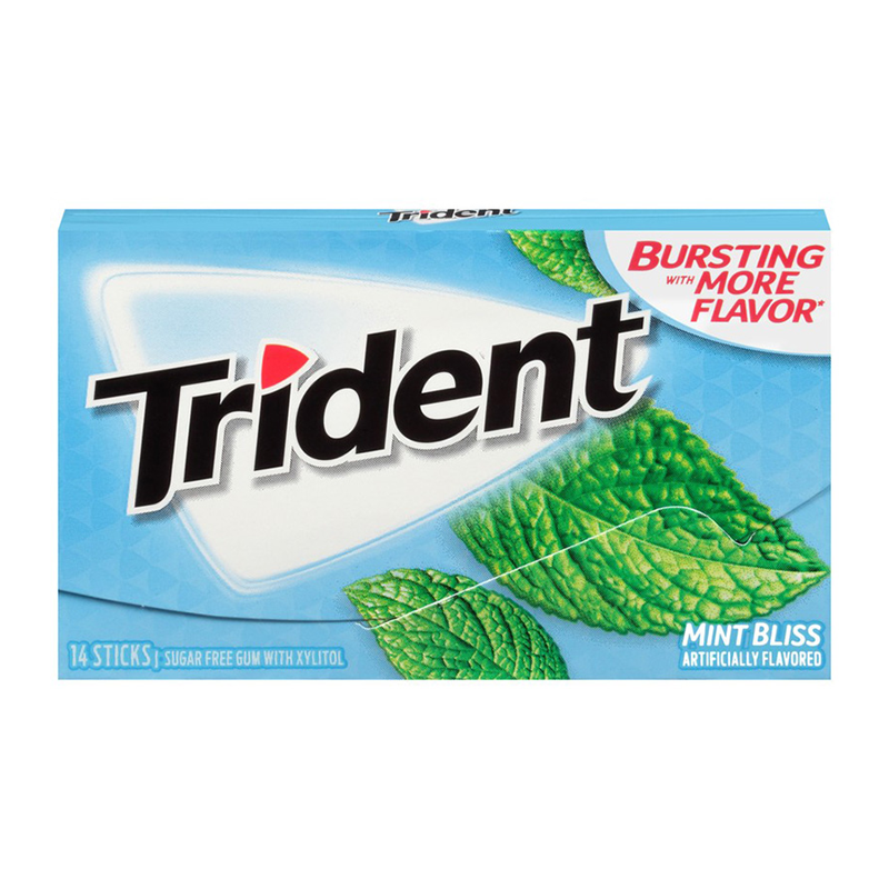 Front of Trident Gum pack showing bold logo, mint bliss flavour details, and image of mint leaves (14 pieces)