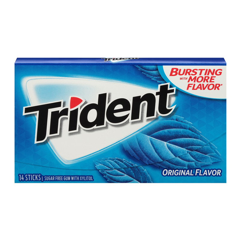Front of Trident Gum Original pack showing logo and blue design with 14 pieces of sugar-free gum visible
