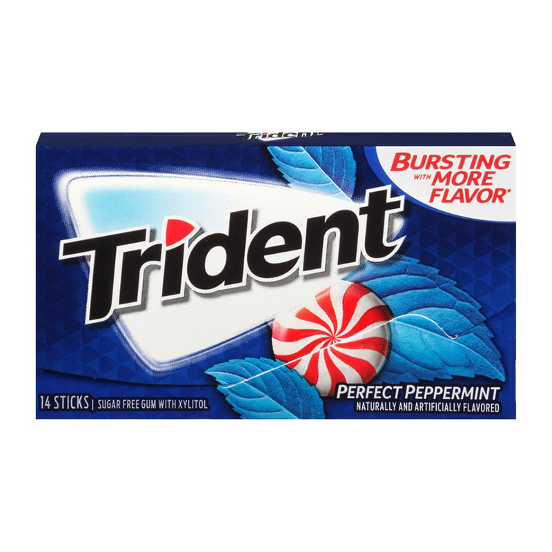 Front of Trident Gum Perfect Peppermint pack showing the logo, peppermint flavour label, and design with a pack size of 14 pieces.