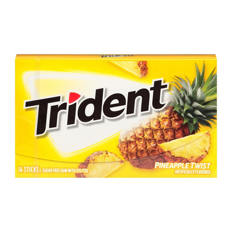 Front of Trident Gum Pineapple Twist package showing bold logo, pineapple flavour label, and image of sliced pineapple (14 Pieces)