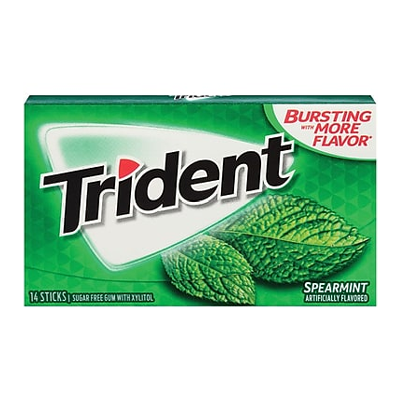 Front of Trident Gum Spearmint pack showing green design, spearmint leaves, and 14 pieces of sugar-free gum.