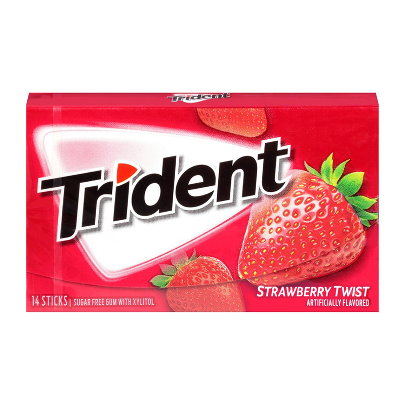 Front of Trident Gum Strawberry Twist package showing brand logo, strawberry flavour label, and pack size of 14 pieces