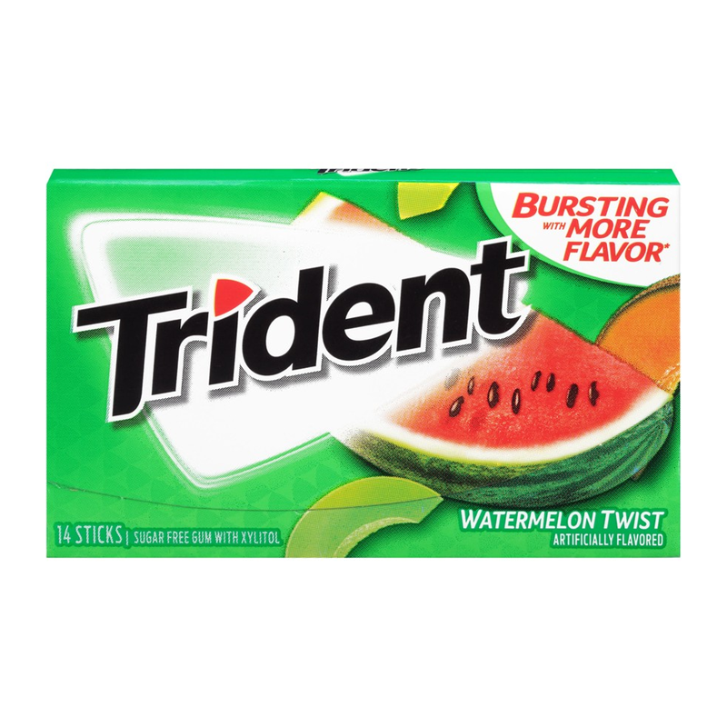 Front of Trident Gum Watermelon Twist pack showing logo, watermelon flavour details, and 14 sticks in a green packaging