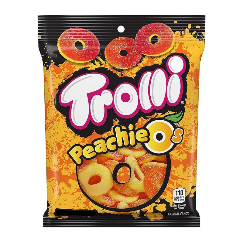 Front of Trolli Peachie O's bag featuring an orange and black design, showing the product name and peach-flavoured gummy candy (120g pack)