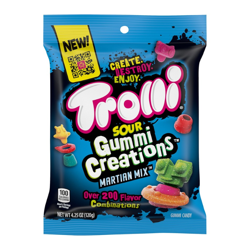 Front of Trolli Sour Gummi Creations Martian Mix bag featuring colourful gummy candies, logo, and 120g pack information.