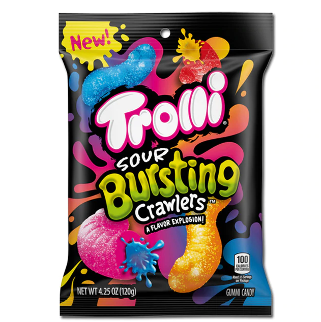 Front of Trolli Sour Bursting Crawlers bag showing vibrant logo, colourful gummy candies, and 120g pack size