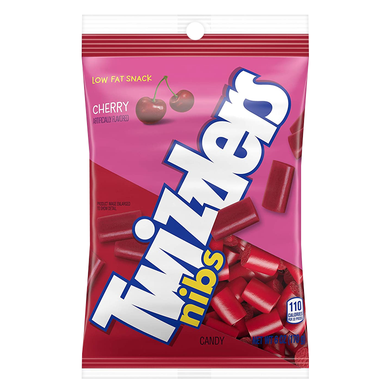 Front of Twizzlers Cherry Nibs bag featuring bright cherry flavour label, iconic logo, and candy pieces in a vibrant red package (170g)