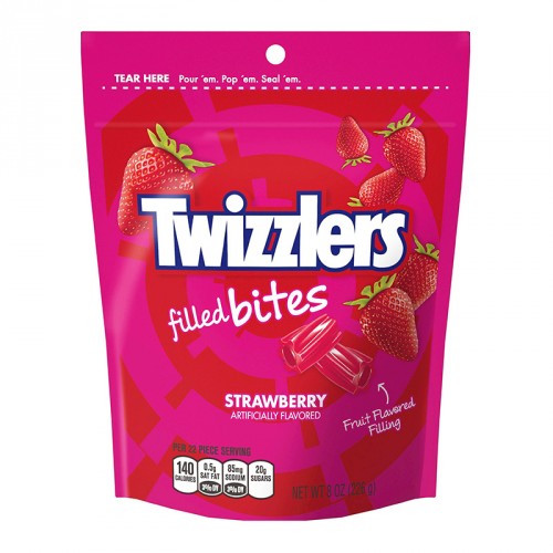 Front of Twizzlers Strawberry Filled Bites Pouch showing bright pink packaging, Twizzlers logo, strawberry flavour, and fruit filling (226g pouch)