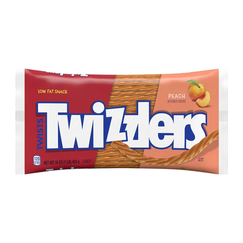 Front of Twizzlers Peach Twists bag showing the logo, peach flavour label, and image of twisted candy pieces (453g pack)