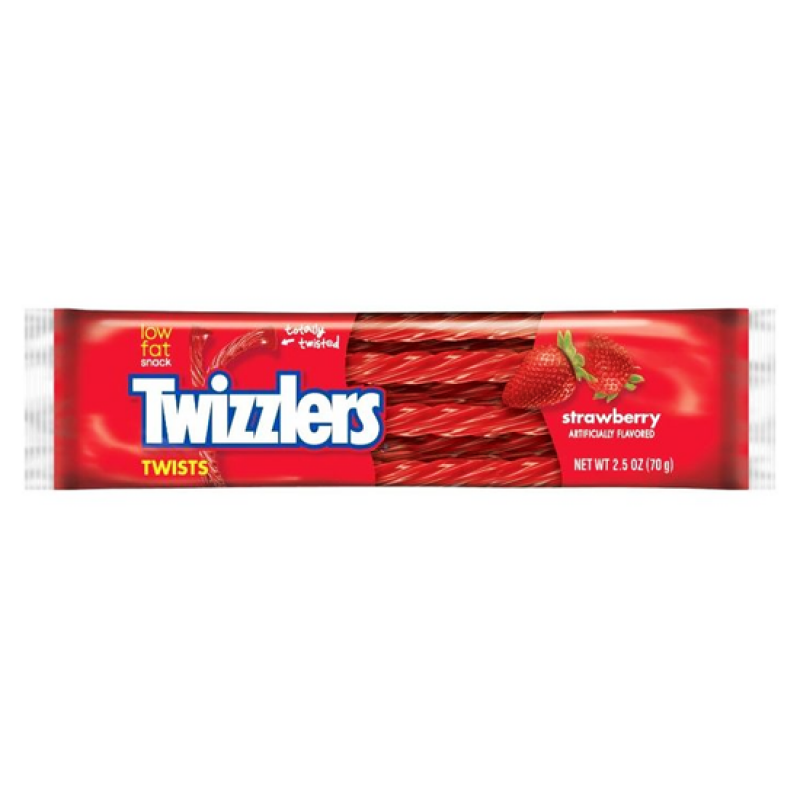 Front of Twizzlers Strawberry pack showing bold logo, strawberry flavour label, and twisted red candy (70g pack)
