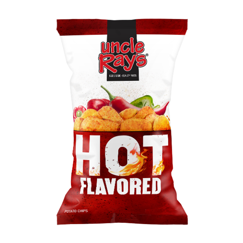 Front of Uncle Ray’s Hot Potato Chips bag showing bold red logo, hot flavour label, and image of crispy chips (120g pack)