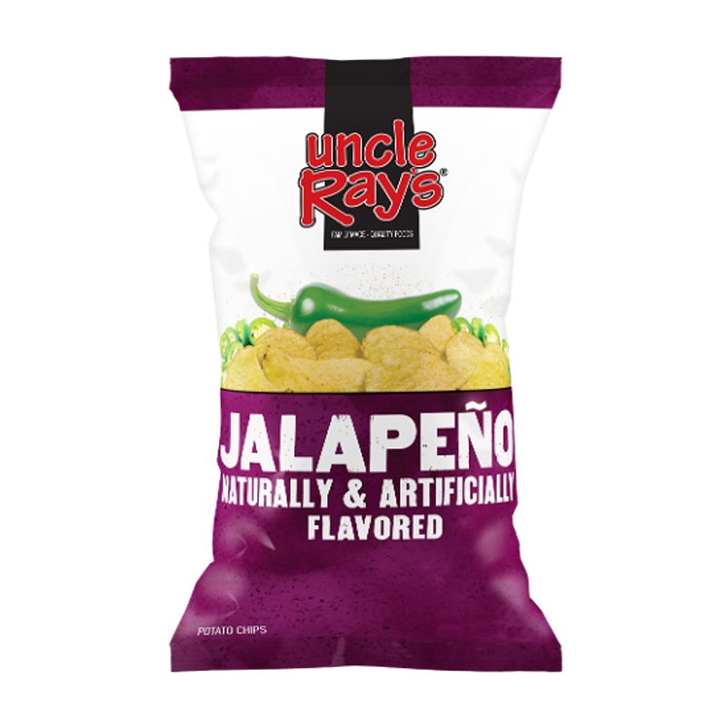 Front of Uncle Ray’s Jalapeno Potato Chips bag showing logo, jalapeno flavour label, and crunchy potato chips (120g pack)
