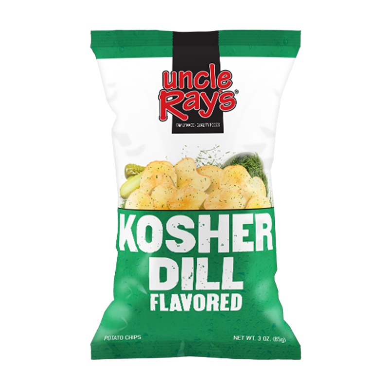 Front of Uncle Ray’s Kosher Dill Potato Chips bag featuring the red logo, green background, and bold “KOSHER DILL FLAVORED” text (120g pack)