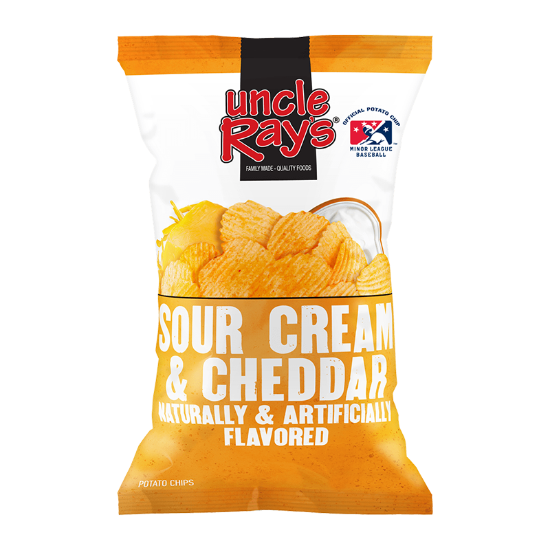 Front of Uncle Ray’s Cheddar and Sour Cream Potato Chips bag showing logo, flavour text, and image of chips (130g pack)