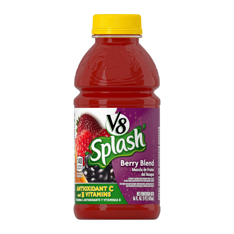 Front of V8 Splash Berry Blend bottle featuring vibrant berry images, brand logo, and 473ml quantity label.