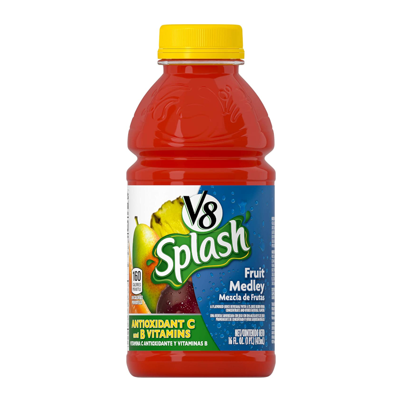 Front of V8 Splash Fruit Medley bottle showing logo, fruit medley label, and pack size (473ml)