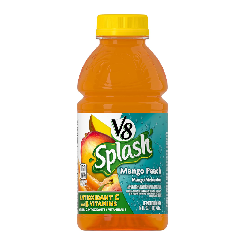 Front of V8 Splash Mango Peach bottle featuring the logo, vibrant mango and peach imagery, and 473ml label.