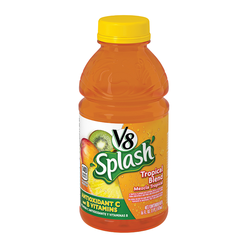 Front of V8 Splash Tropical Blend bottle featuring the logo, tropical fruit imagery, and labelled 473ml content.