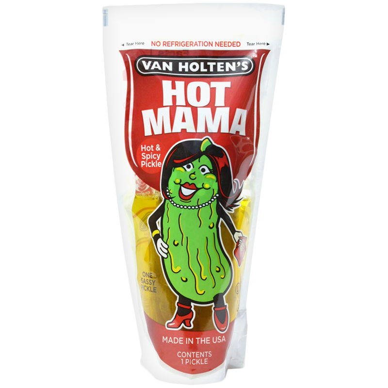 Front of Van Holten's King Size Hot Mama Hot & Spicy Pickle In-a-Pouch showing logo, sassy pickle character, and hot and spicy label, contents: 1 pickle.