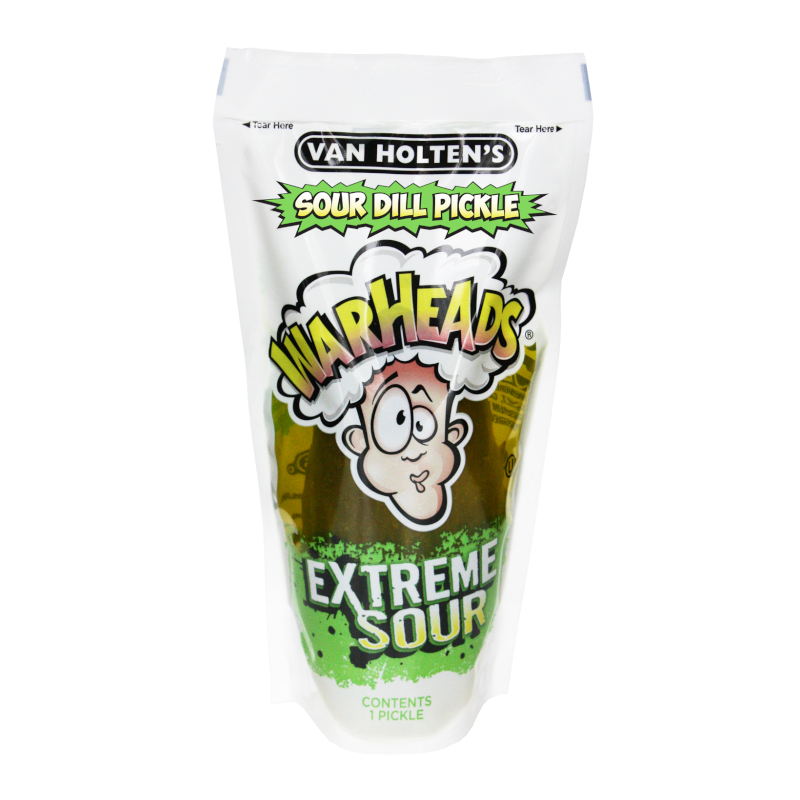 Front of Van Holten's Jumbo Warheads EXTREME Sour Pickle In-a-Pouch showing bright green logo, cartoon character, and visible pickle (1 pickle pack)