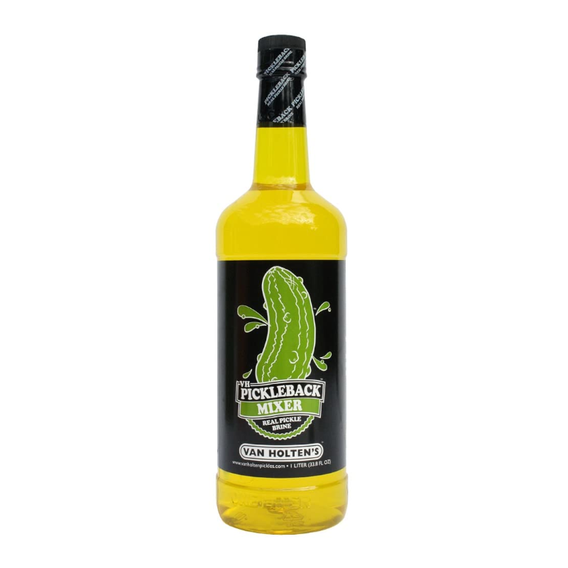 Front of Van Holten's Pickleback Mixer bottle featuring a green pickle graphic, black label, and 1 litre size indication