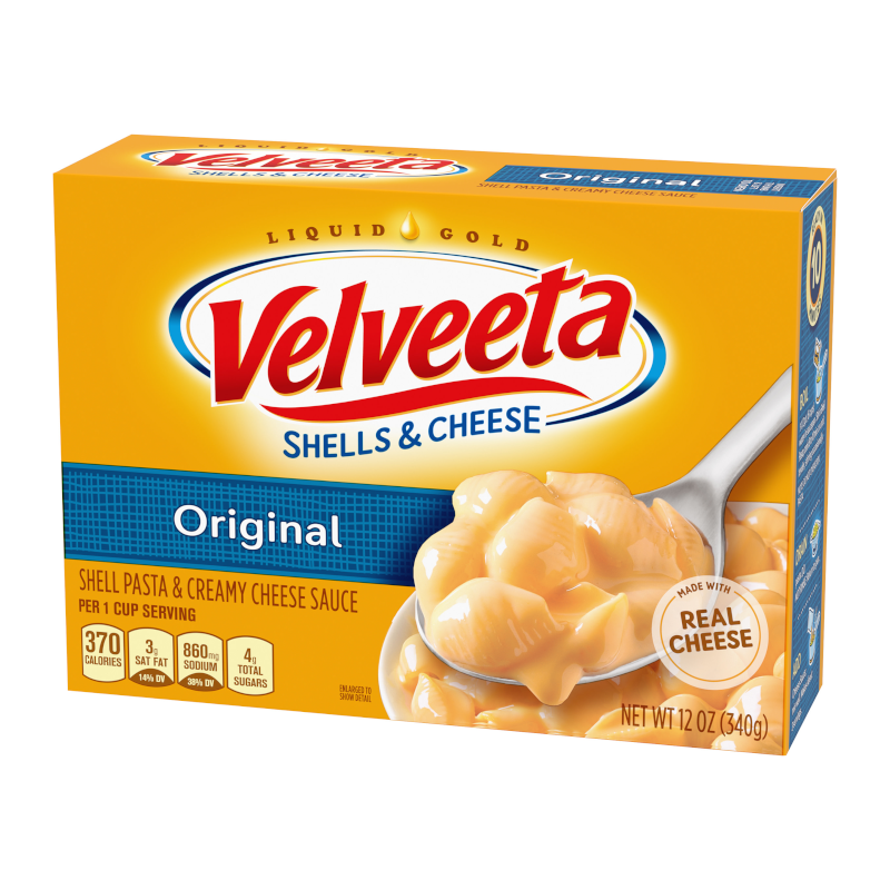 Front of Velveeta Original Shells and Cheese box featuring the brand logo, shell pasta, and creamy cheese sauce (340g pack)