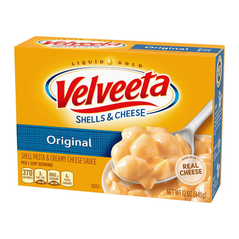 Front of Velveeta Original Shells and Cheese box featuring the brand logo, shell pasta, and creamy cheese sauce (340g pack)