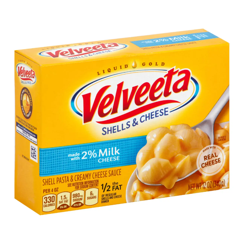 Front of Velveeta Light Shells and Cheese box showing the logo and image of shell pasta in creamy cheese sauce (340g pack)