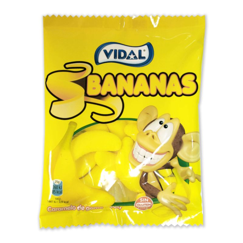 Front of Vidal Bananas bag showing bright yellow packaging with bananas and a monkey character, 90g pack of gummy banana treats.
