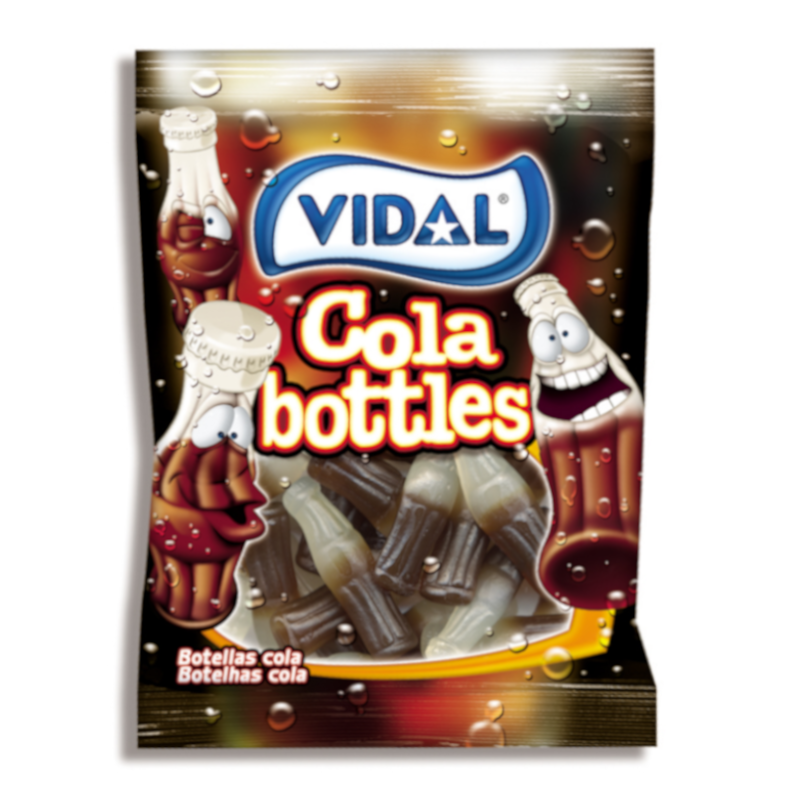 Front of Vidal Cola Bottles package showing colourful logo and gummy cola bottle candies (90g pack)