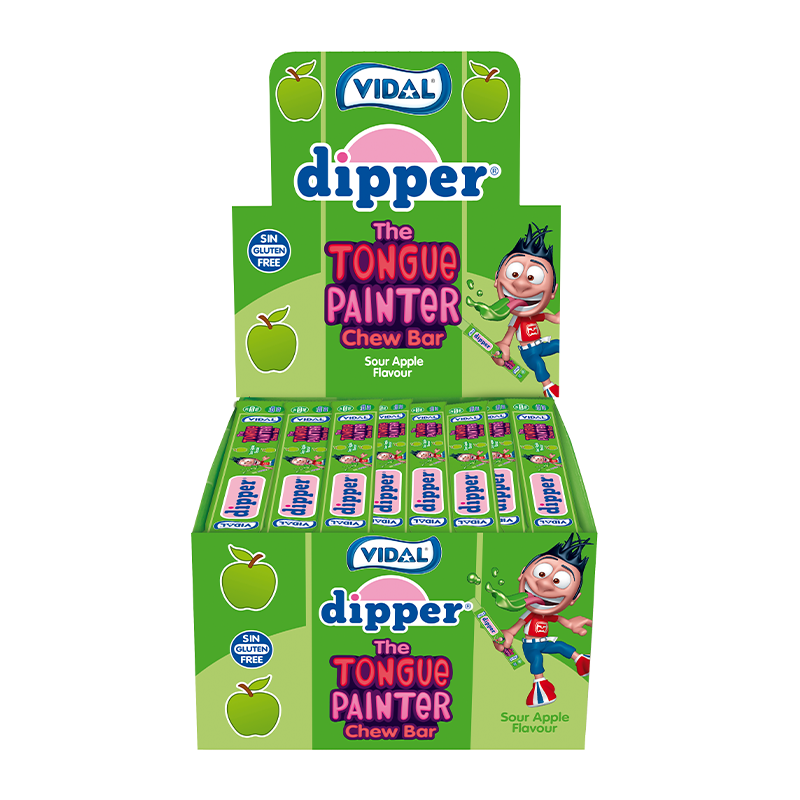 Front of Vidal Dipper Tongue Painter Sour Apple Chew Bar showing vibrant green design, logo, and packaging featuring sour apple flavour details.